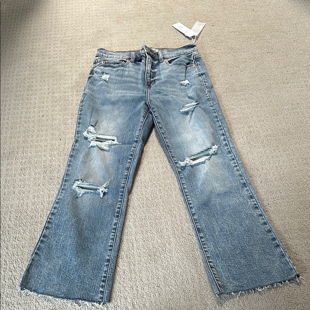 Daze LULUS Blue Flare Wide Leg Jeans with Distressed Details 28